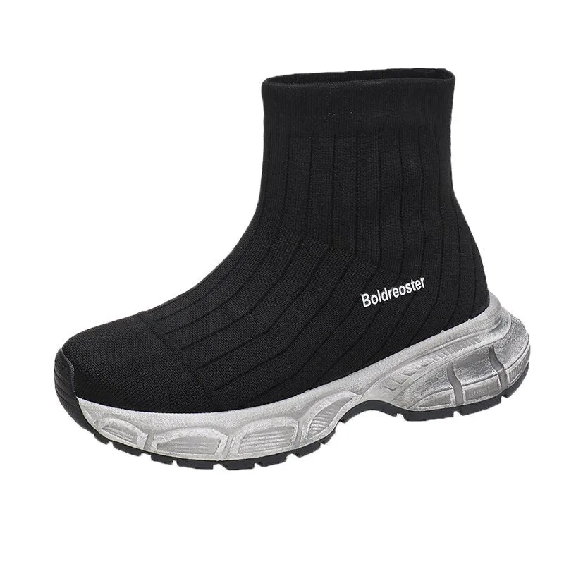 Breathable Knitted Platform Ankle Boots Women  Autumn Short Tube Thick Bottom Stretch Boots Woman Slip On Pink Sock Shoes
