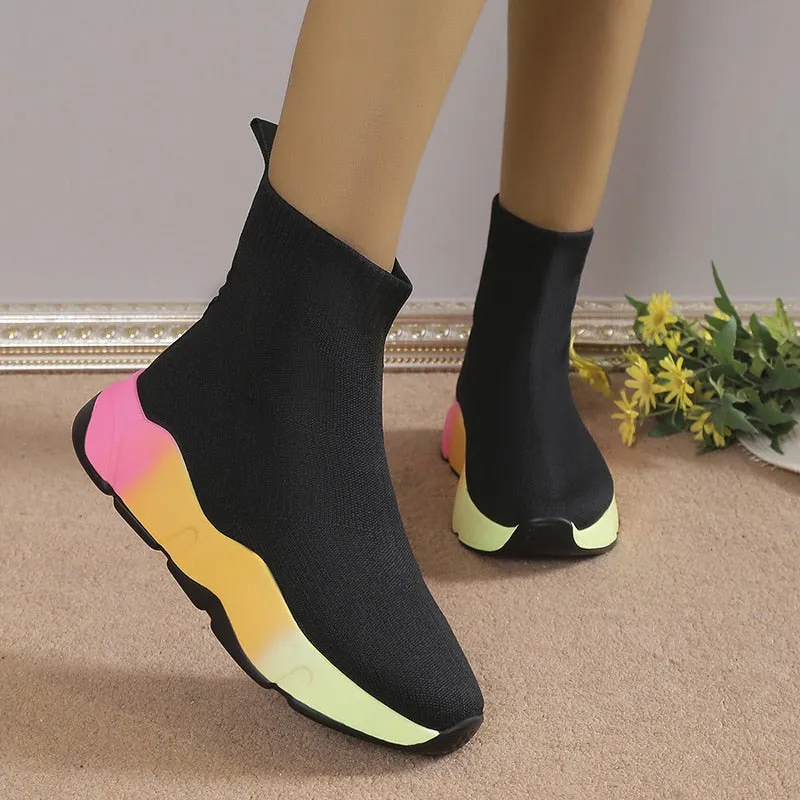 Breathable Knitted Stretch Sock Boots Women  Autumn Rainbow Color Thick Bottom Ankle Boots Woman Plus Size 43 Sock Shoes