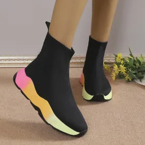Breathable Knitted Stretch Sock Boots Women  Autumn Rainbow Color Thick Bottom Ankle Boots Woman Plus Size 43 Sock Shoes