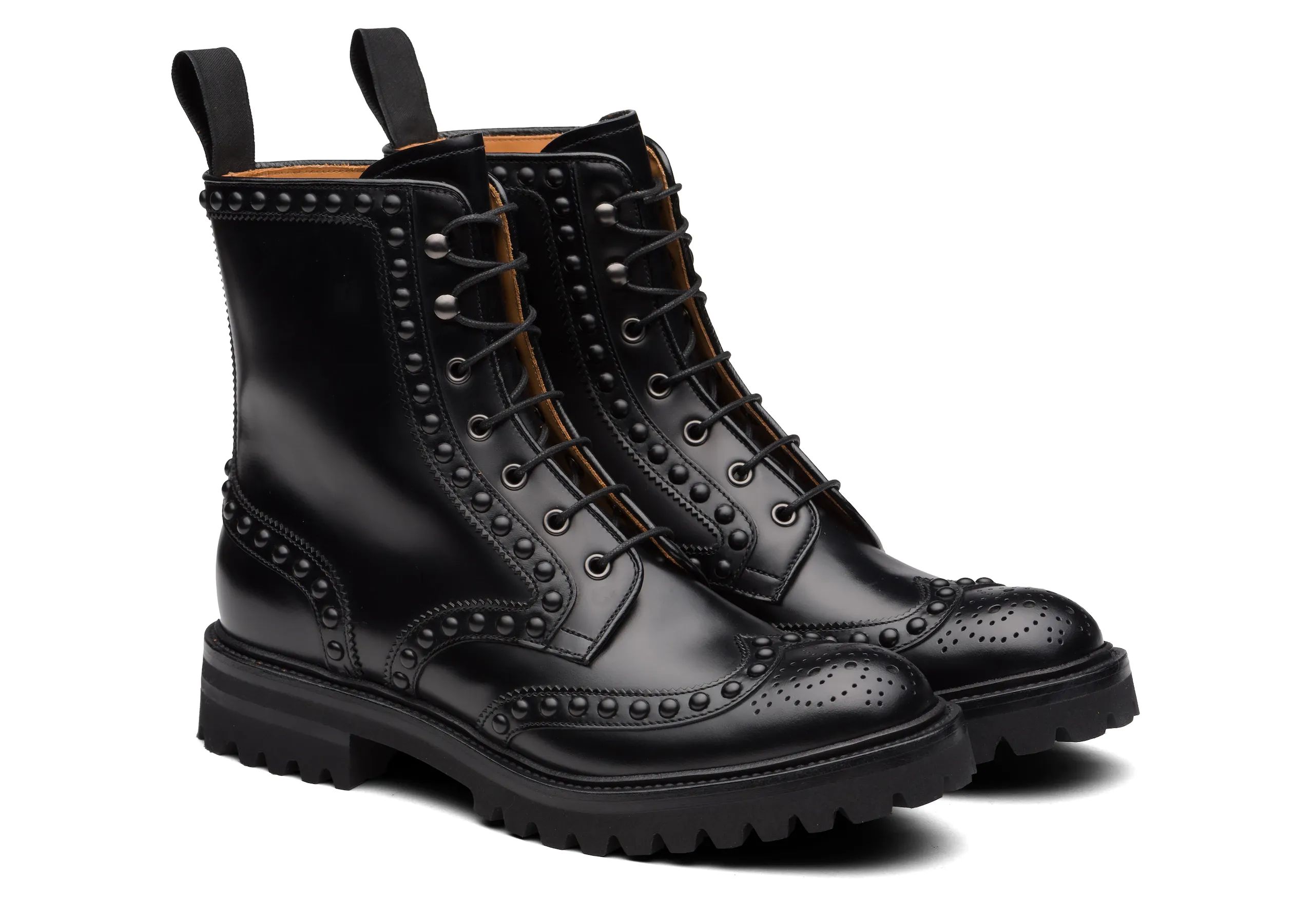 Luxury Edition - Artisian Made Black Italian Leather Spike Studded Fuiloro Wingtip Chunky Derby Boots - Hiking and Trekking Boots