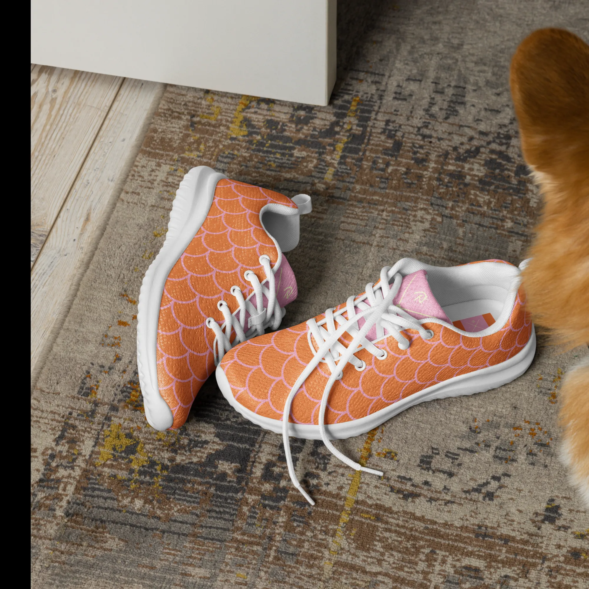 Orange and light pink mermaid women’s athletic shoes.