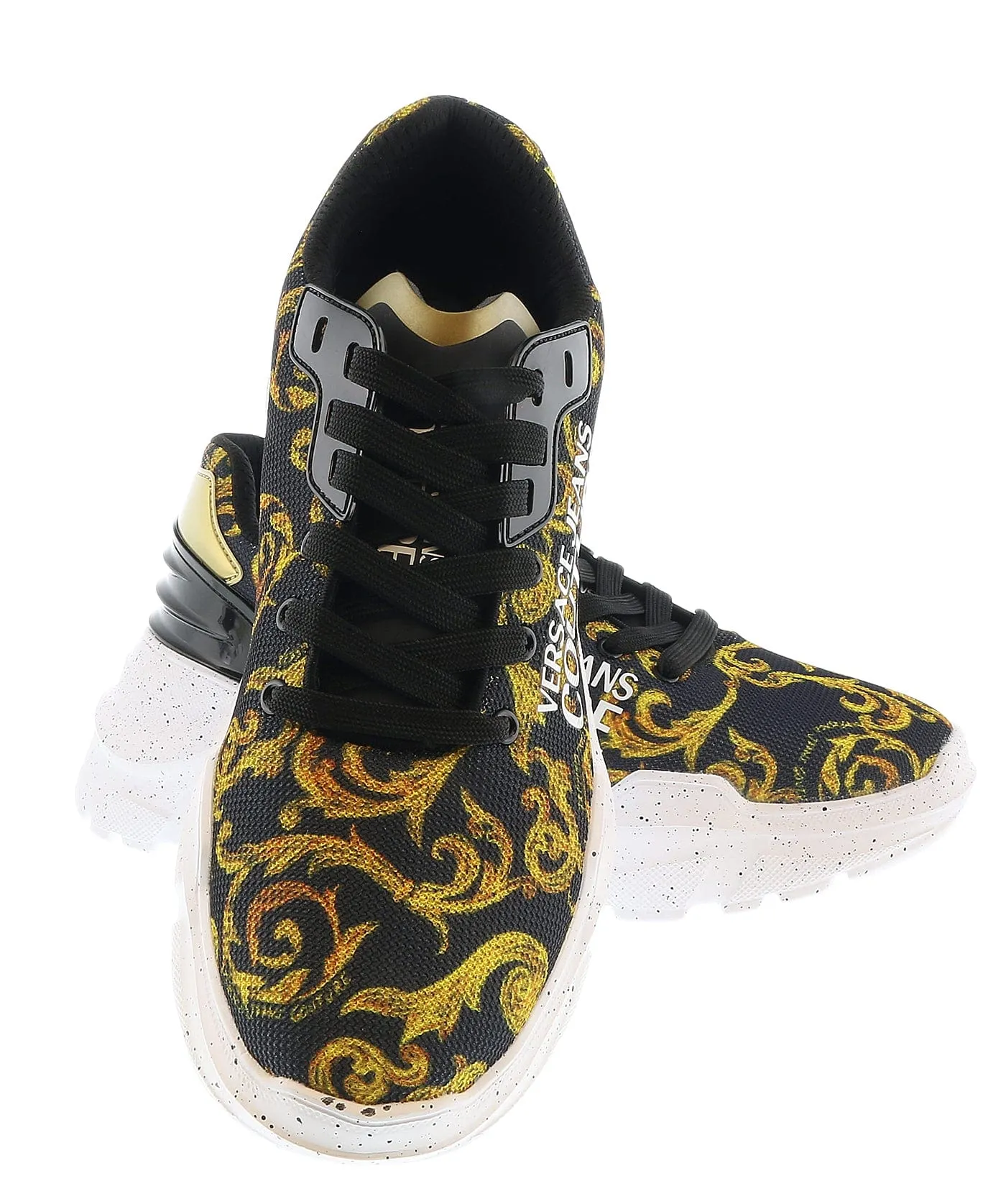 Versace Jeans Couture Black Gold Lace Up Athletic Fashion Comfort Knit Sneakers-
