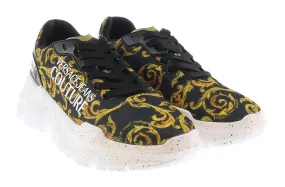 Versace Jeans Couture Black Gold Lace Up Athletic Fashion Comfort Knit Sneakers-