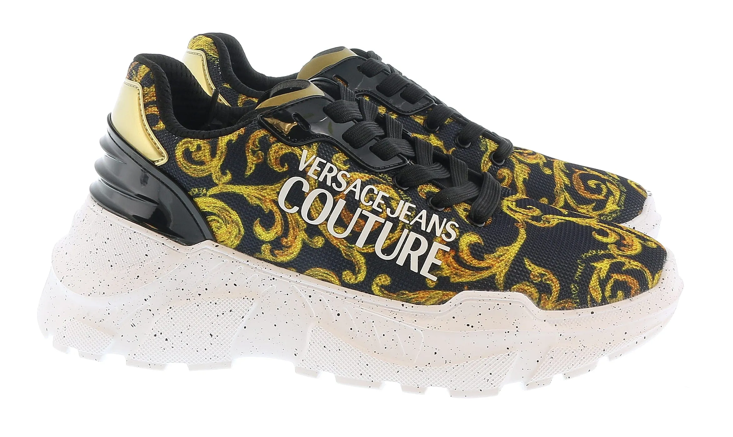 Versace Jeans Couture Black Gold Lace Up Athletic Fashion Comfort Knit Sneakers-