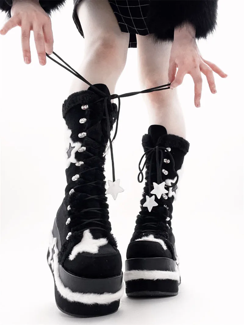 Y2K Subculture Boots Platform Mid Velvet Star