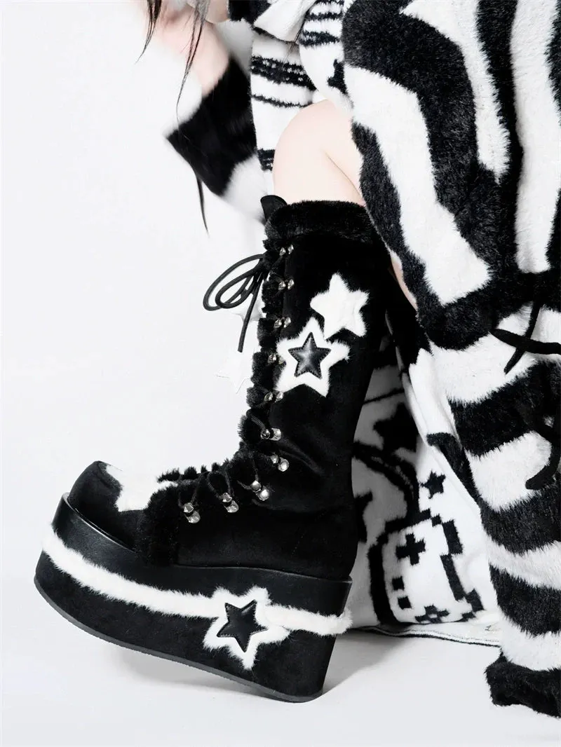 Y2K Subculture Boots Platform Mid Velvet Star