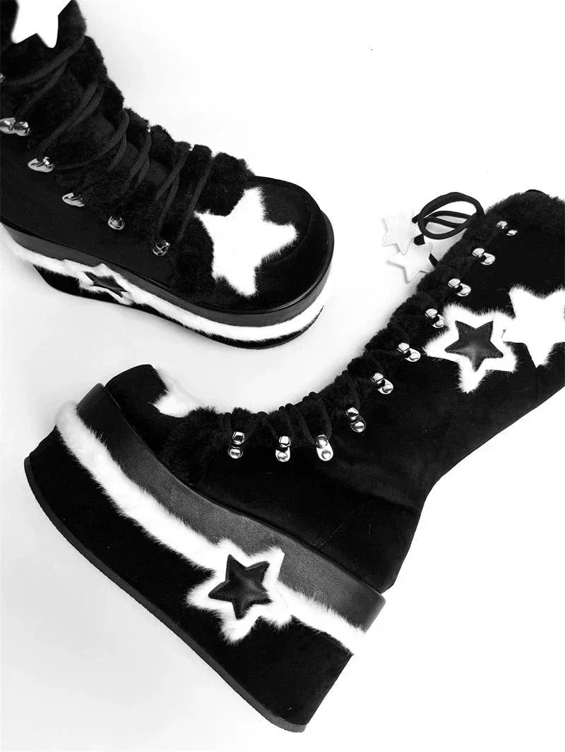 Y2K Subculture Boots Platform Mid Velvet Star