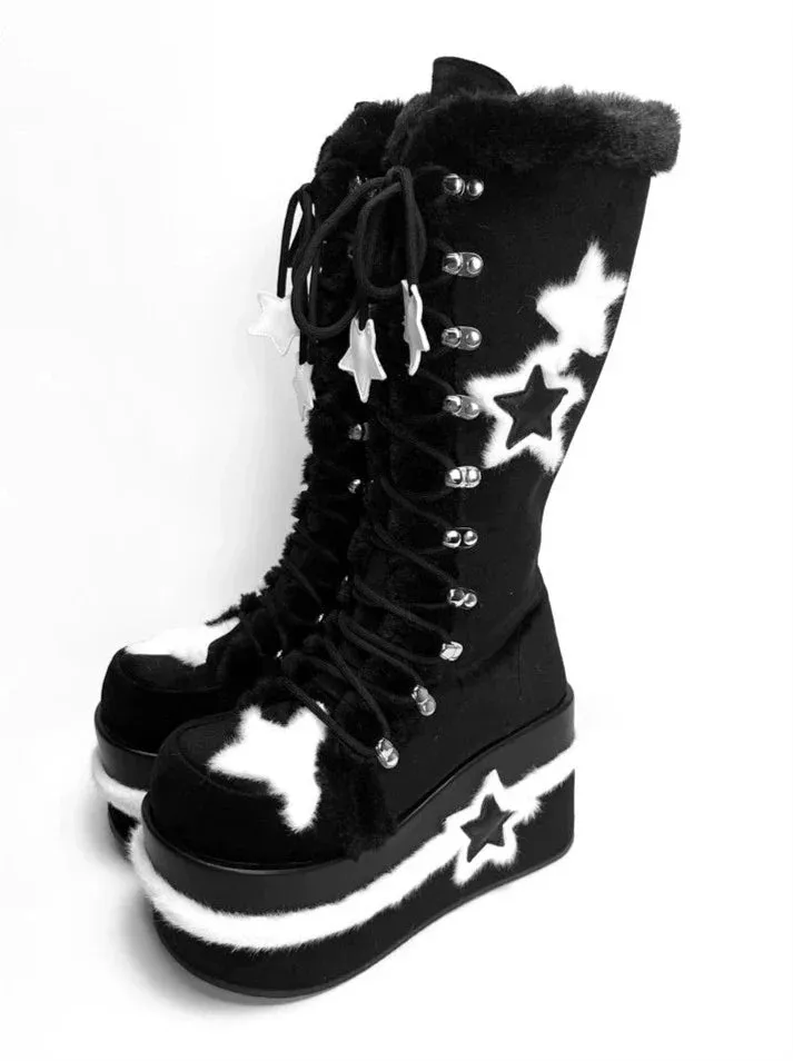 Y2K Subculture Boots Platform Mid Velvet Star